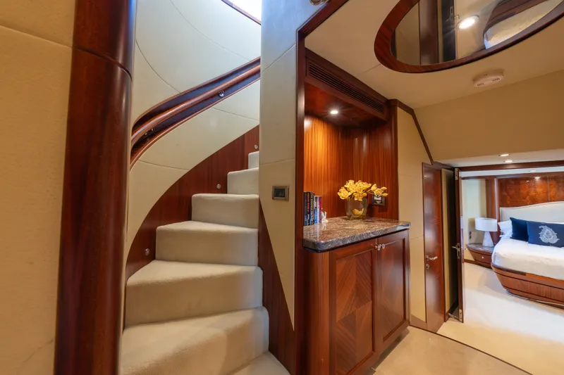 Slide: The Image of Luxurious interior of 2013 Ocean Alexander 90 Skylounge Motoryacht with elegant staircase and bedroom. - 42