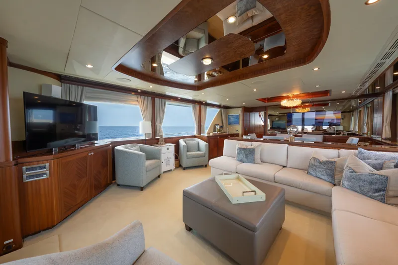 Slide: The Image of Luxurious interior of 2013 Ocean Alexander 90 Skylounge Motoryacht with elegant seating and ocean views. - 16