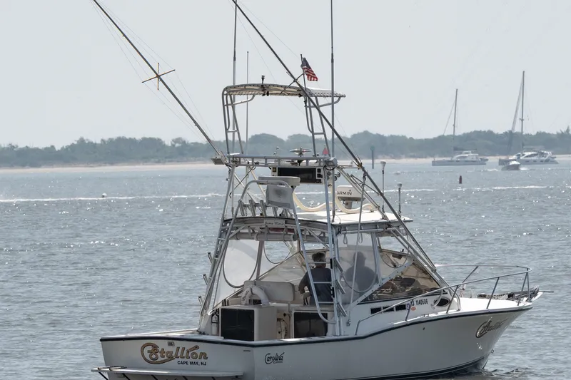 Slide: The Image of 2001 Carolina Classic 28 Express boat on water, with fishing tower and American flag. - 3
