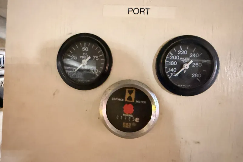 Slide: The Image of Gauges on a 1990 Californian 48 Motor Yacht dashboard, showing oil pressure and water temperature. - 116