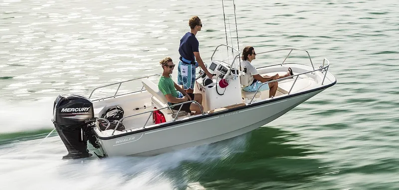 The Image of Three people ride a Boston Whaler 150 Montauk across calm waters. - 1