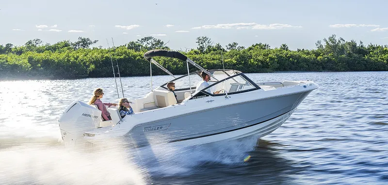 The Image of A Boston Whaler 210 Vantage boat speeds across the water, with several people on board. - 1