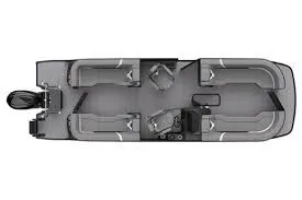 The Image of The image shows a top view of a modern pontoon boat with gray seating and an outboard motor. - 1