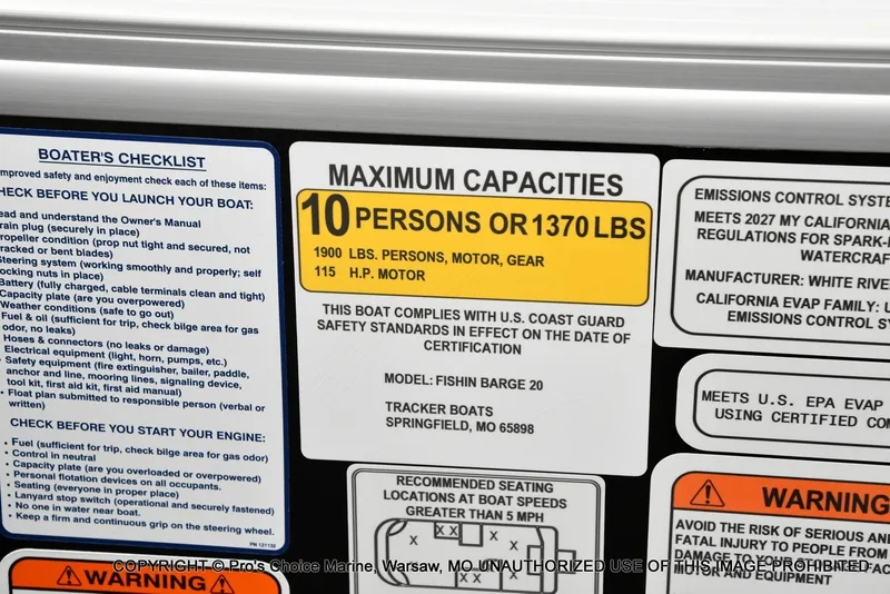 Slide: The Image of Sign shows maximum capacity: 10 persons or 1370 pounds, 115 HP motor. - 10