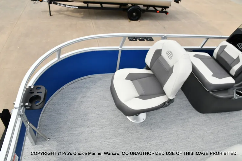 Slide: The Image of The image shows the seating area of a 2027 Sun Tracker Bass Buggy 16 XL Select. - 3