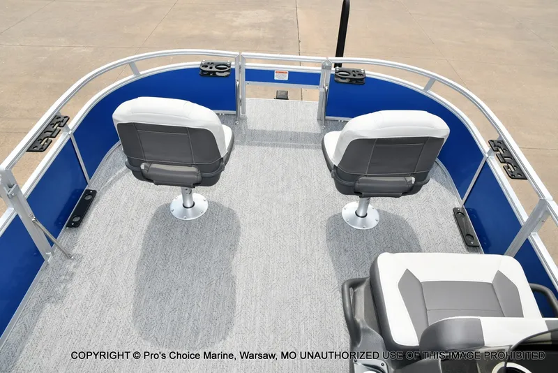 Slide: The Image of The image shows the deck of a Sun Tracker Bass Buggy 16 XL Select with two swivel seats. - 13
