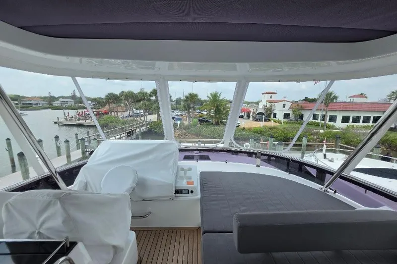 Slide: The Image of Flybridge view from 2024 Sirena 58 Flybridge MY yacht, overlooking marina and waterfront homes. - 34