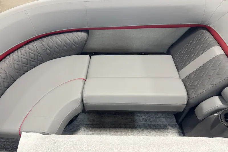 Slide: The Image of Luxurious seating on 2027 Bennington 22 M Open Fastback Quad Bench with diamond-pattern upholstery. - 9