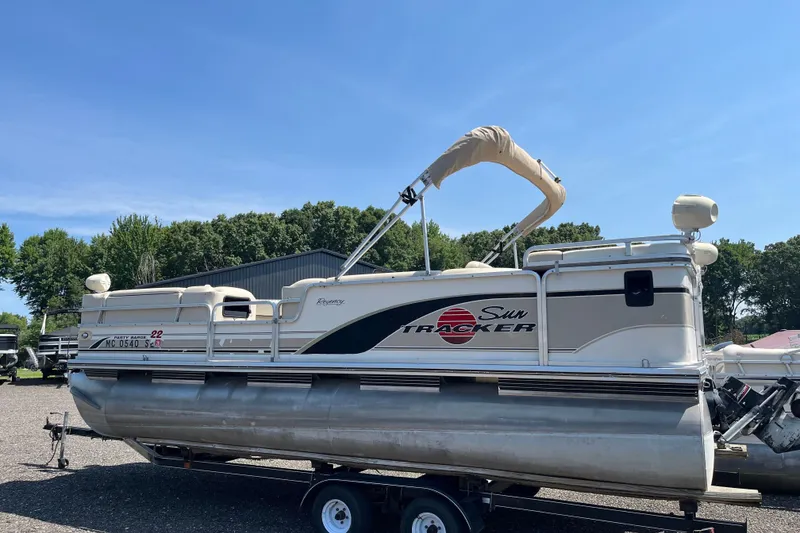 The Image of 2000 Sun Tracker Party Barge 22 I/O Regency Edition pontoon boat on trailer. - 0