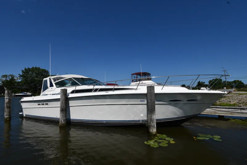 The Image of 1989 Sea Ray 390 Express Cruiser docked on a sunny day. - 2