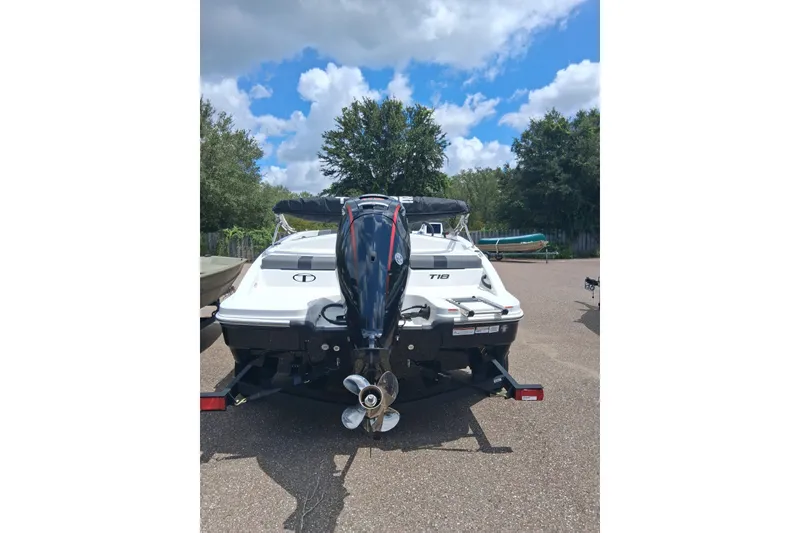 Slide: The Image of 2026 Tahoe T18 boat with outboard motor, parked on a sunny day. - 3