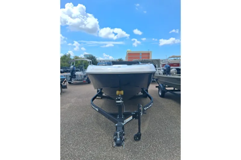 Slide: The Image of 2026 Tahoe T18 boat on trailer under a clear blue sky. - 2