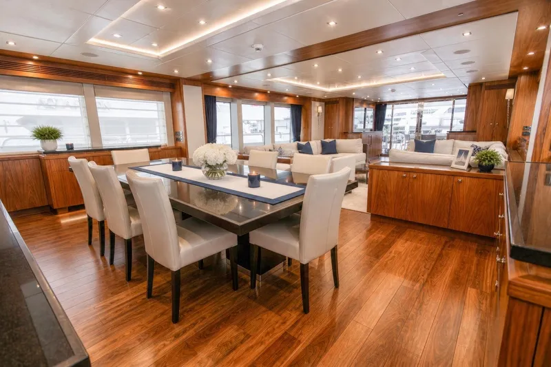 Slide: The Image of Luxurious interior of 2014 Sunseeker 131 Yacht with elegant dining and seating area. - 9