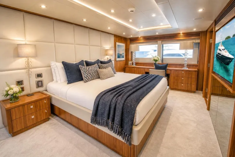 Slide: The Image of Luxurious bedroom interior on 2014 Sunseeker 131 Yacht with elegant decor and modern furnishings. - 12