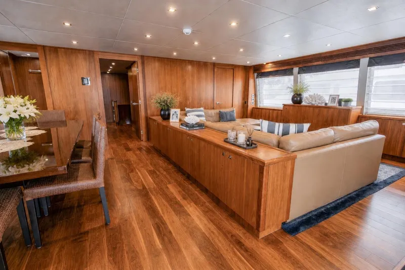 Slide: The Image of Luxurious interior of 2014 Sunseeker 131 Yacht with elegant wood finishes and plush seating. - 28