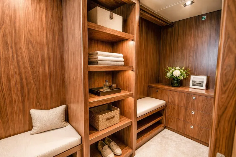 Slide: The Image of Luxurious wooden interior of 2014 Sunseeker 131 Yacht with shelves and seating. - 16