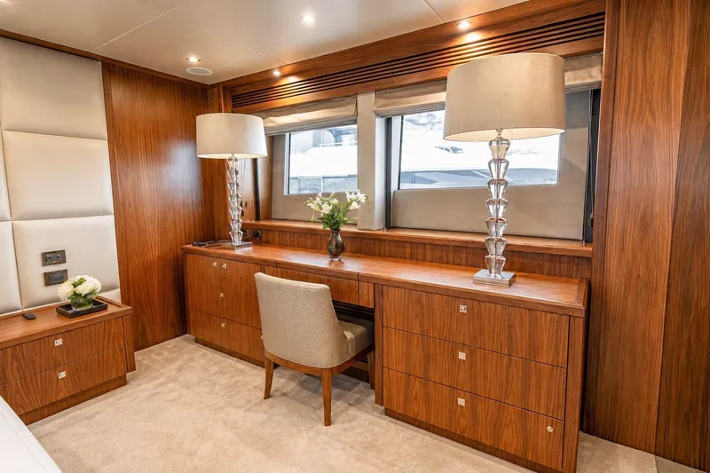 Slide: The Image of Luxurious Sunseeker 131 Yacht interior with elegant wood furnishings and modern decor, 2014 model. - 19