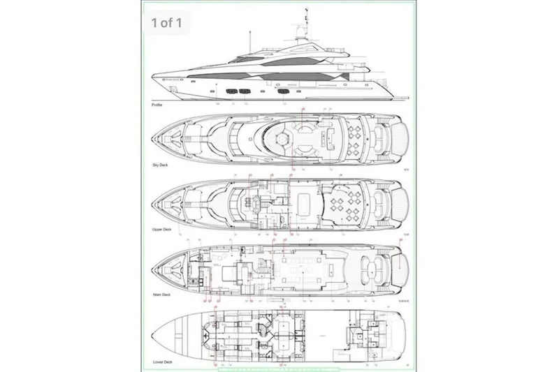 Slide: The Image of Blueprint of 2014 Sunseeker 131 Yacht showing profile and deck layouts. - 51