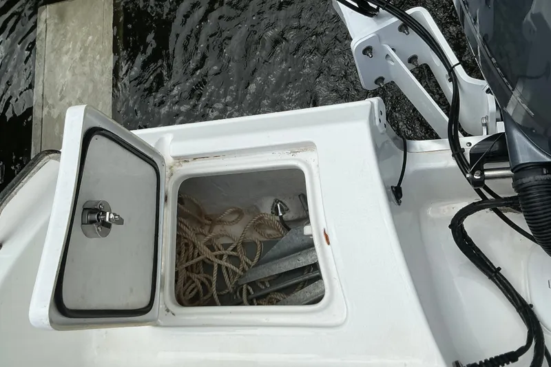 Slide: The Image of An open storage compartment on a boat with ropes and an anchor. - 22