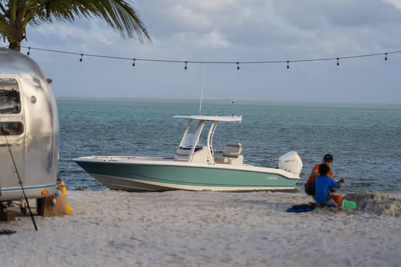 Slide: The Image of Boston Whaler 250 Dauntless on a beach with turquoise water in the background. - 12