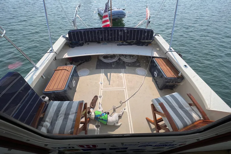 Slide: The Image of 2018 Eastern 35 Casco Bay boat deck with seating, cooler, and dog in life jacket. - 6