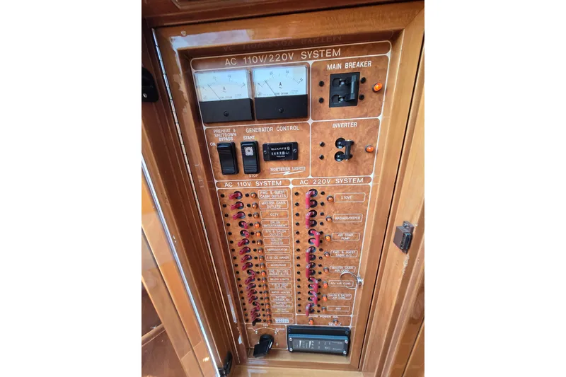 Slide: The Image of Electrical control panel of a 2004 Grand Harbour 58 yacht, featuring AC 110V/220V systems. - 33