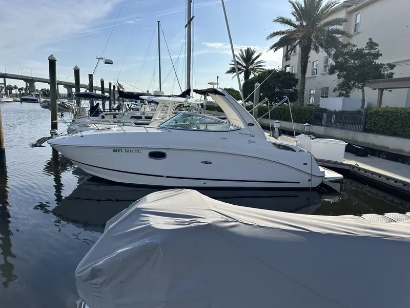 Slide: The Image of A 2010 Sea Ray Sundancer 260 docked in a sunny marina with palm trees in the background. - 8