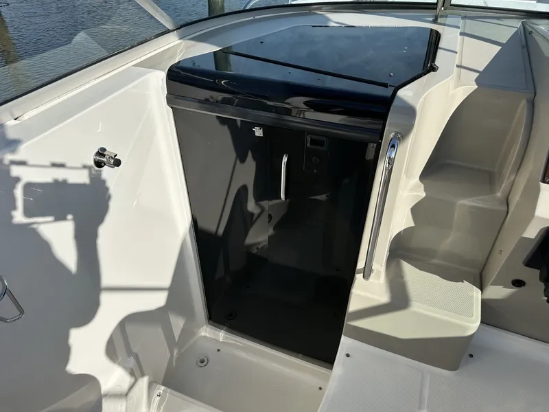 Slide: The Image of The 2010 Sea Ray Sundancer 260 features a compact cabin with a black door and steps. - 38