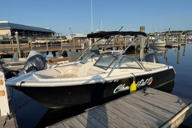 The Image of 2014 Sea Hunt Escape 234 LE boat docked at marina, featuring sleek design and dual engines. - 0