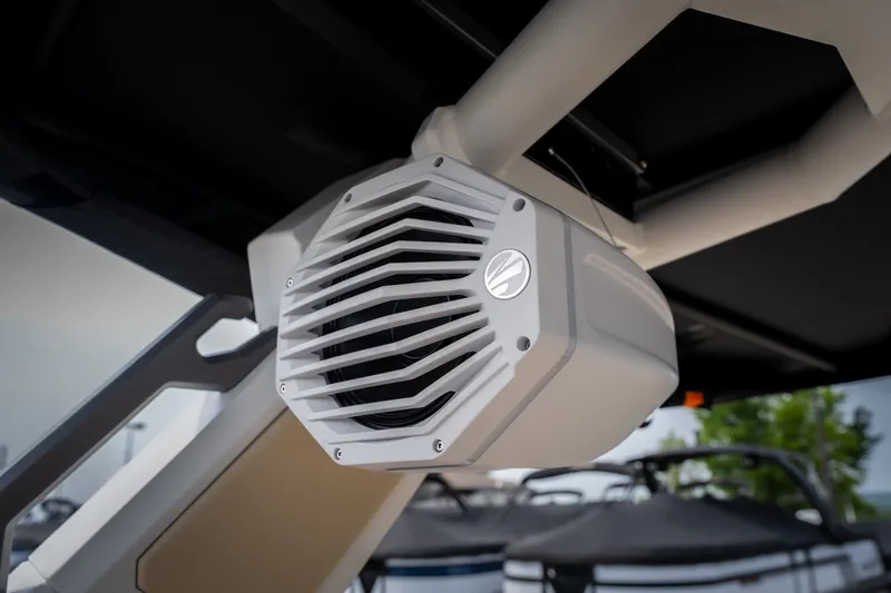 Slide: The Image of 2026 Tigé Z3 boat speaker system, close-up view under canopy. - 32
