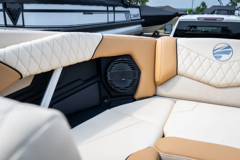 Slide: The Image of Luxurious interior of 2026 Tigé Z3 boat with premium seating and speaker system. - 40