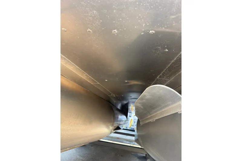 Slide: The Image of Underneath view of 2023 Sylvan Mirage X X1 pontoon boat hull. - 46