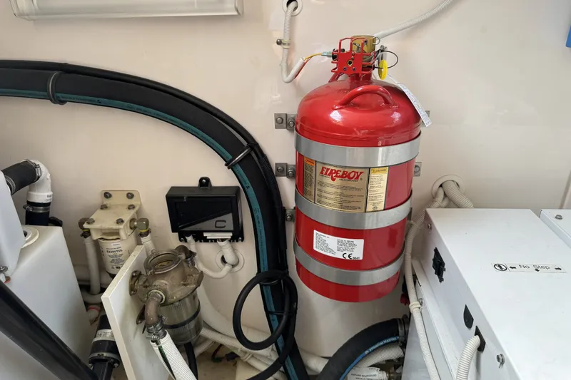 Slide: The Image of Engine room of 2008 Tiara Yachts 4300 Sovran with Fireboy fire extinguisher system. - 45