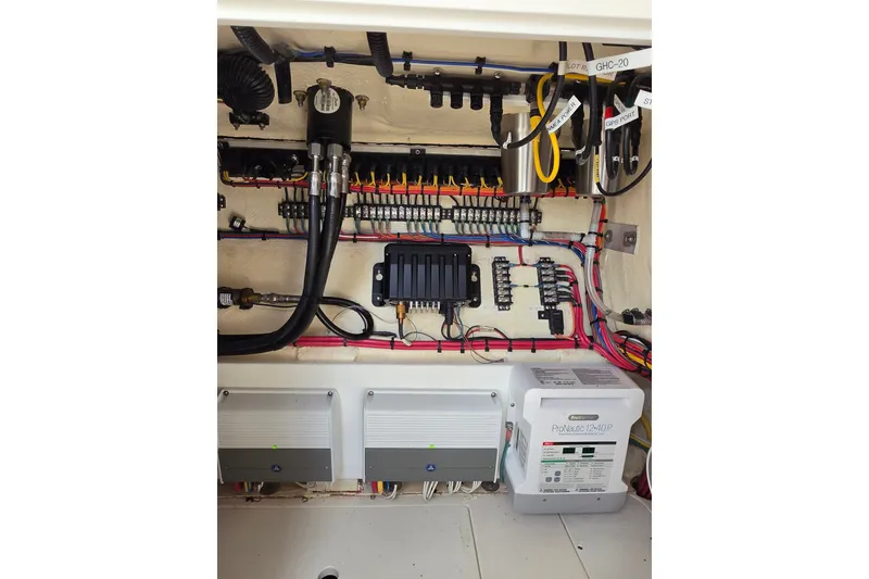 Slide: The Image of Electrical system of 2023 SeaVee 340B boat, showcasing wiring and components. - 10