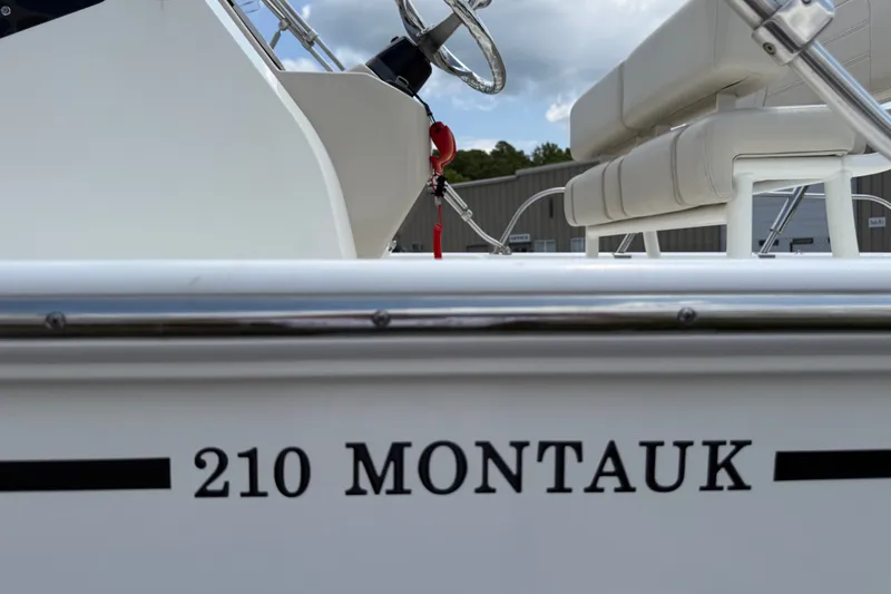 Slide: The Image of 2019 Boston Whaler 210 Montauk boat, close-up of seating and steering area. - 16