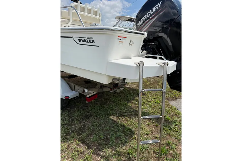 Slide: The Image of 2019 Boston Whaler 210 Montauk boat with Mercury engine and ladder on grass. - 15