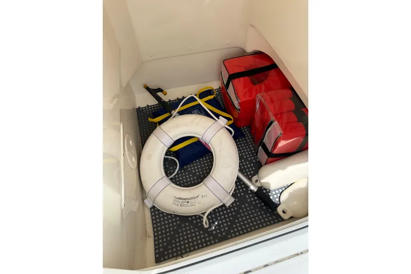 Slide: The Image of Storage compartment of a 2019 Boston Whaler 210 Montauk with life ring and safety gear. - 12