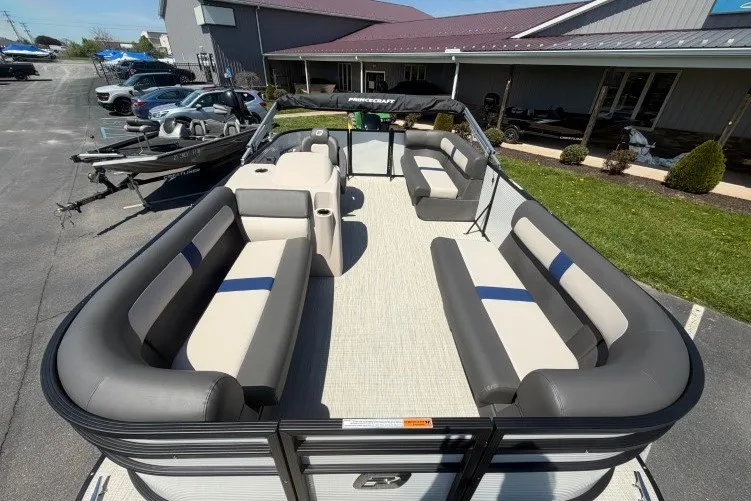 Slide: The Image of 2026 Princecraft Jazz 170 pontoon boat with spacious seating and modern design. - 2