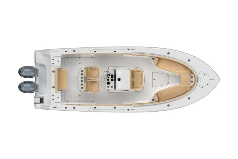 Slide: The Image of 2027 Sportsman Open 262 Center Console boat, top view, dual engines, spacious seating. - 26