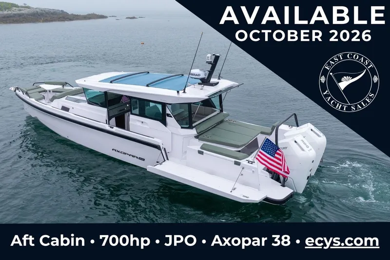 The Image of Axopar 38 Cross Cabin yacht, available October 2026, on calm waters. - 1