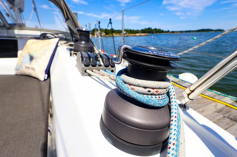 Slide: The Image of Sailing yacht Hanse 385, 2016 model, featuring deck winch and ropes on a sunny day. - 59
