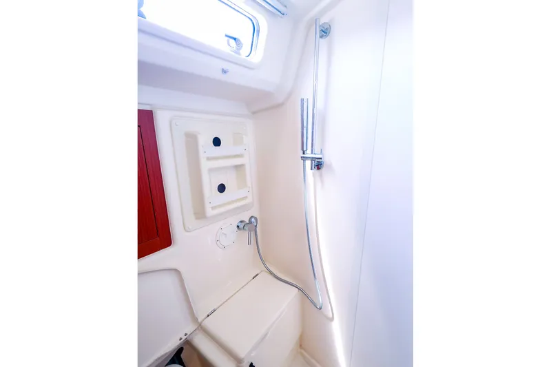 Slide: The Image of Interior shower area of a 2016 Hanse 385 yacht, featuring modern fixtures. - 52