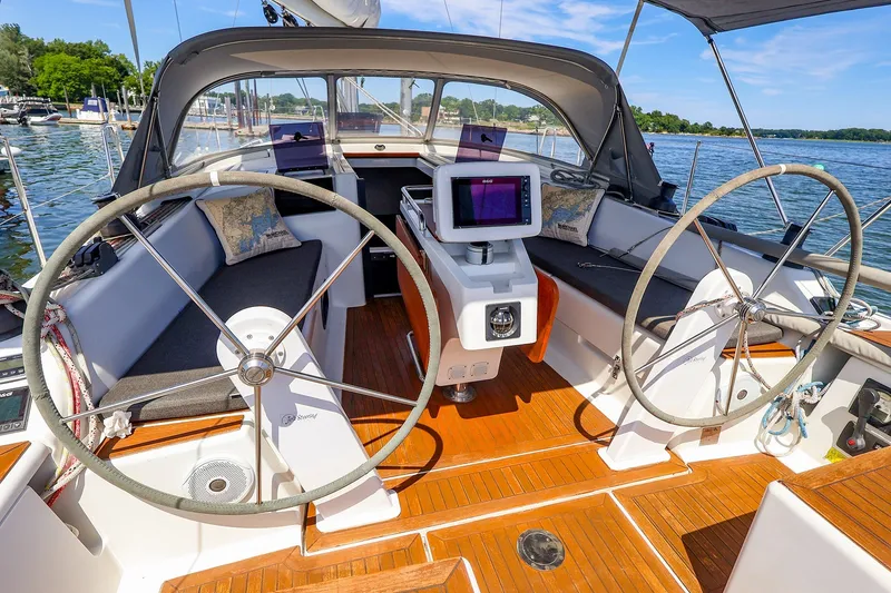 Slide: The Image of Cockpit of 2016 Hanse 385 sailboat with dual steering wheels and navigation equipment. - 20