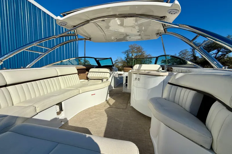 Slide: The Image of Luxurious 2018 Cobalt R35 boat interior with white seating and sleek design. - 3