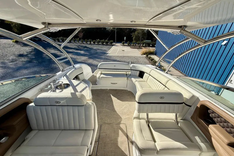 Slide: The Image of Luxurious interior of 2018 Cobalt R35 boat with white seating and sleek design. - 7