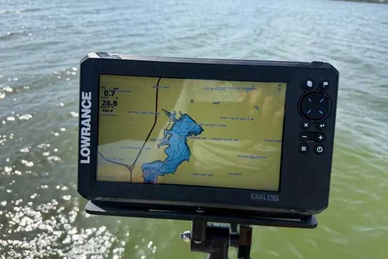 Slide: The Image of Lowrance fish finder displaying lake map on Godfrey Sweetwater 2286 FS, 2021 model. - 56