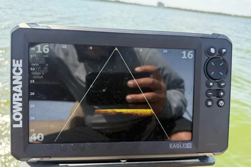 Slide: The Image of Fishfinder display on a 2021 Godfrey Sweetwater 2286 FS boat, showing sonar data. - 60