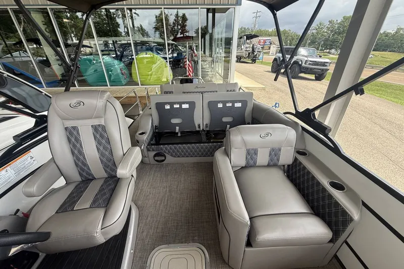 Slide: The Image of 2021 Barletta L25U pontoon boat interior with luxurious seating and modern design. - 9