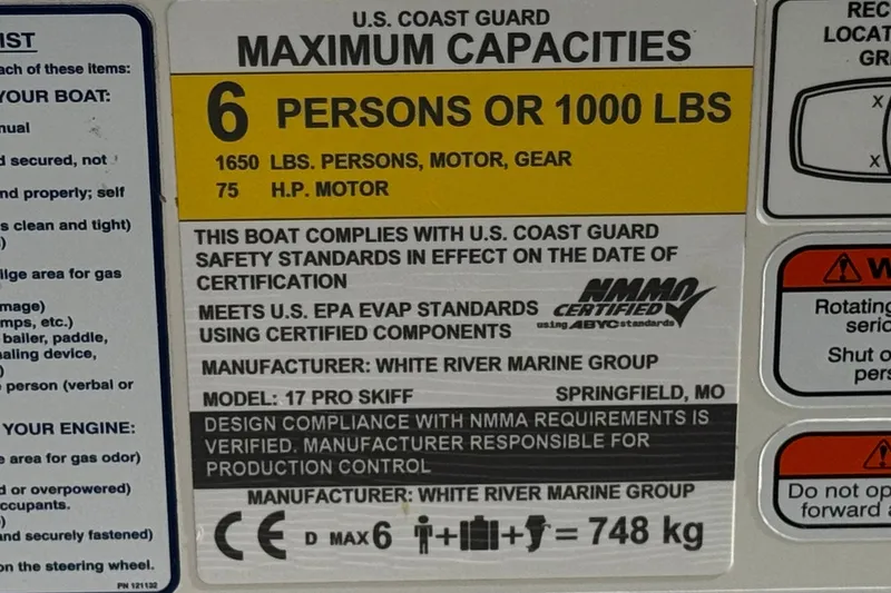 Slide: The Image of 2023 Mako Pro Skiff 17 CC capacity label, 6 persons or 1000 lbs, NMMA certified. - 30