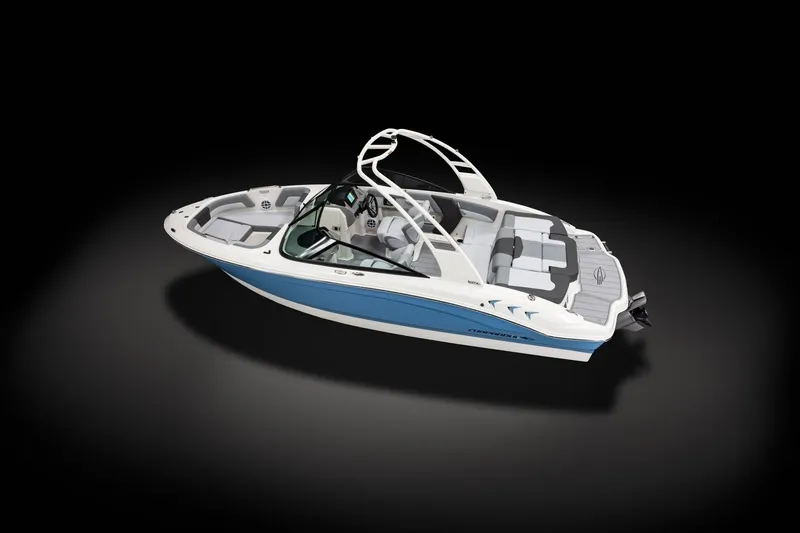 Slide: The Image of 2027 Chaparral 21 SSi boat with sleek design, blue and white color scheme, and modern features. - 15